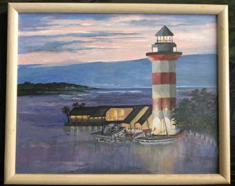 Old Vintage Painting Coastal Landscape Boats Nautical Art Lighthouse Seascape