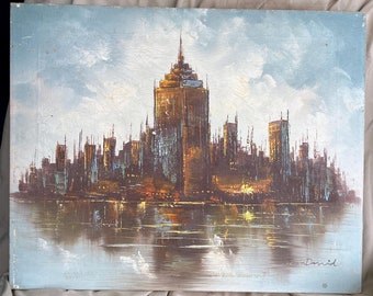 Vintage Modernist Expressionist Cityscape Landscape Art Oil Painting Buildings