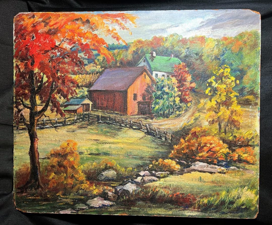 Old American Art Landscape Rural Farm Home Oil Painting Artist Signed ...