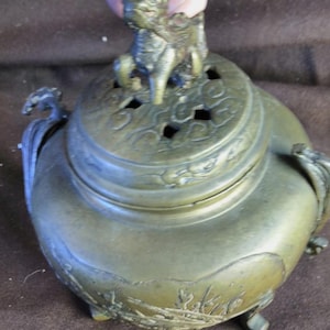 Antique Old Chinese Brass or Bronze Censor Incense Burner Urn Metal Foo Dog Urn