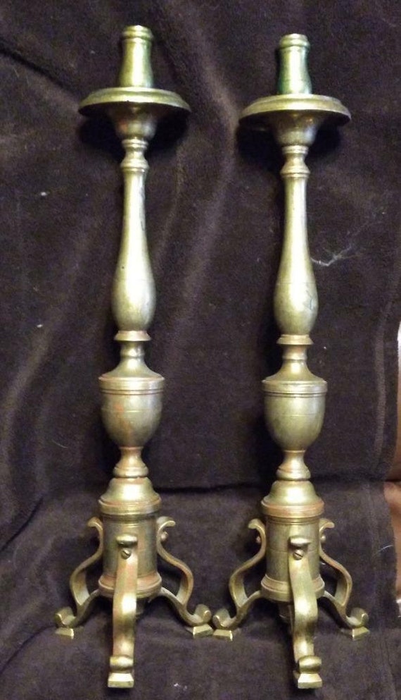 Pair of Two 2 Set of Antique Brass Metal Candlesti