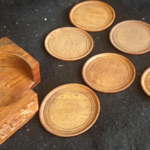 Vintage Made in India Wood Carved Carving Wooden Set of Six Round Drink Coasters