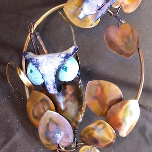Old Vintage Enamel on Copper Metal MCM Wall Plaque Sculpture Art Owl Enameled