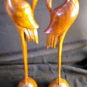 Vintage Chinese Hand Carved Wood Statues Egret Heron Bird Carvings Pair of 2 Art