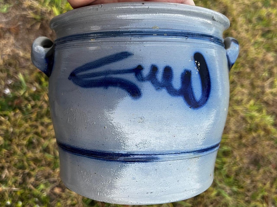 Salt Glaze Cobalt Blue Slip Decorated Art Pottery Stoneware Two Handled