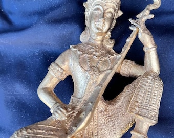 Vintage Cast Metal Bronze Brass Statue of a Musician Thai Thailand Art Sculpture