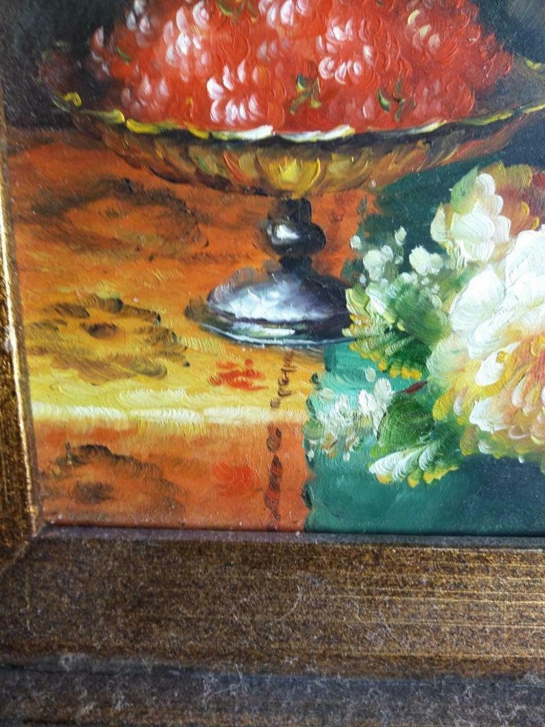 Framed Floral Still Life Beer Stein Vase Urn of Flowers Fruit Oil Painting Art
