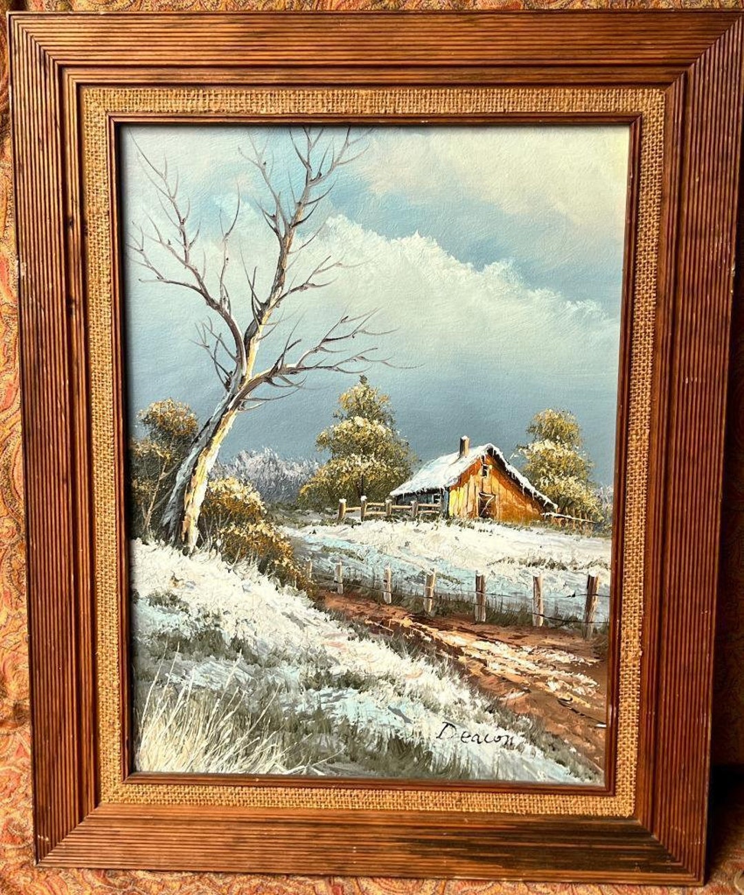 Vintage American Snow Winter Cabin Landscape Oil Painting Art Signed A ...