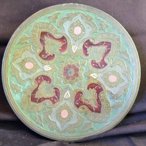 Old Vintage Brass Tazza Footed Round Painted Serving Tray Dish Centerpiece