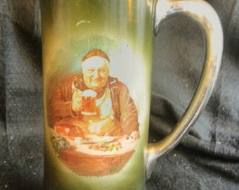 Antique Old Porcelain Art Pottery Monk Tall Pitcher Beer Stein Handled Mug