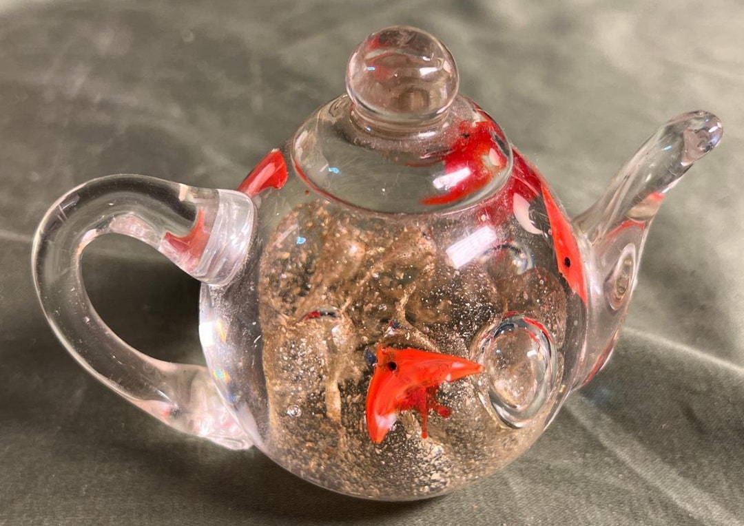 Vintage Clear Glass Paperweight Teapot Shape W/ Goldfish Hand Blown Art