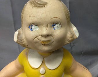 Antique Old Composition Girl in a Dress Nodder Doll Vintage Old Original Toy
