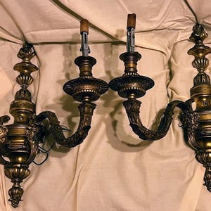 Antique Old Cast Bronze Pair of Two 2 Wall Electric Sconces French Figural Set