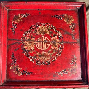 Antique Asain Art Oil Painting Floral Decorated Chinese Wood Serving Tray Square