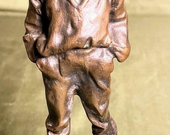 Vintage Bronze Sculpture Statue Art Young Boy Male Whistler Whistling Bare Foot