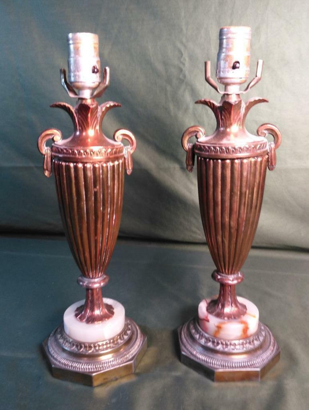 Pair of Two 2 Old Vintage Metal Art Deco Urn Set Lamps Lights Onyx