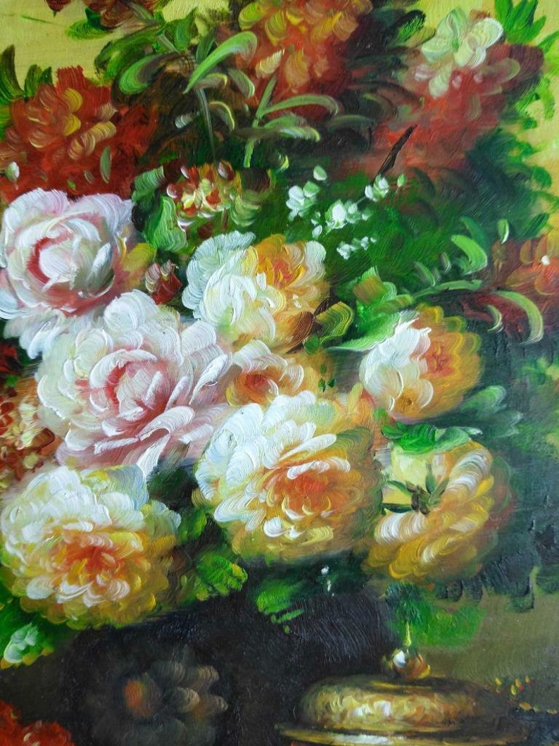 Framed Floral Still Life Beer Stein Vase Urn of Flowers Fruit Oil Painting Art