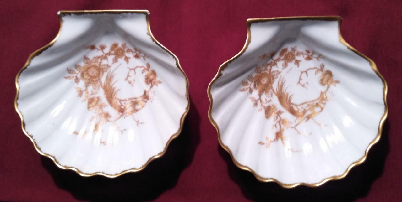 2 Vintage Porcelan Scallop Seashell Bird of Paradise Limoges Porcelain Dish Set