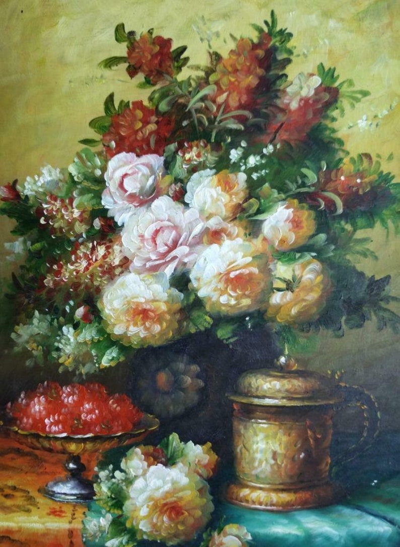 Framed Floral Still Life Beer Stein Vase Urn of Flowers Fruit Oil Painting Art