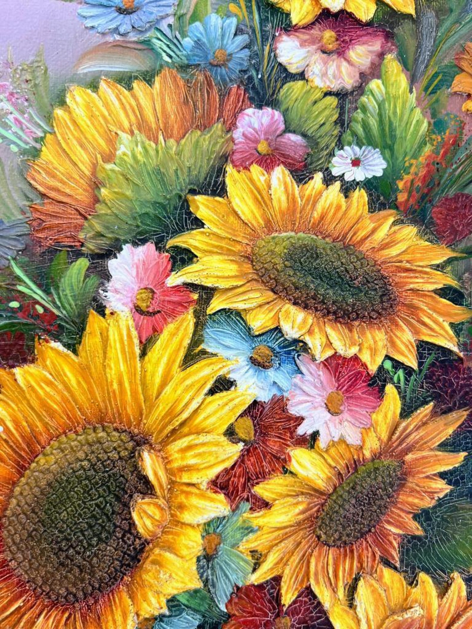 Vintage Oil Painting Still Life Vase Urn Yellow Sunflowers Art Signed C ...
