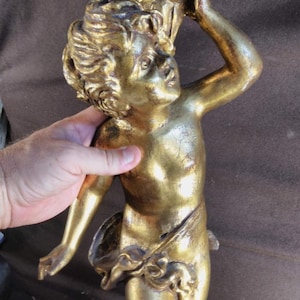 Old Vintage Carved Wood Gold Gilt Italian Cherub Putti Angel Statue Italy Marble