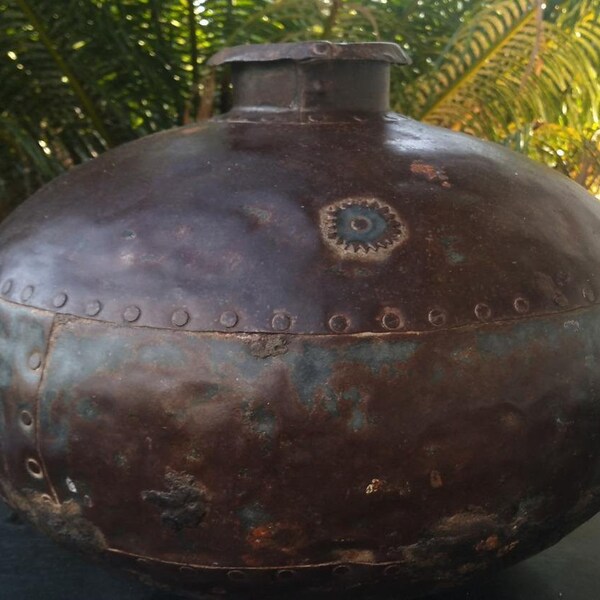 Antique Old Metal Decorative Vase Urn Riveted Together Industrial Steam Punk Art