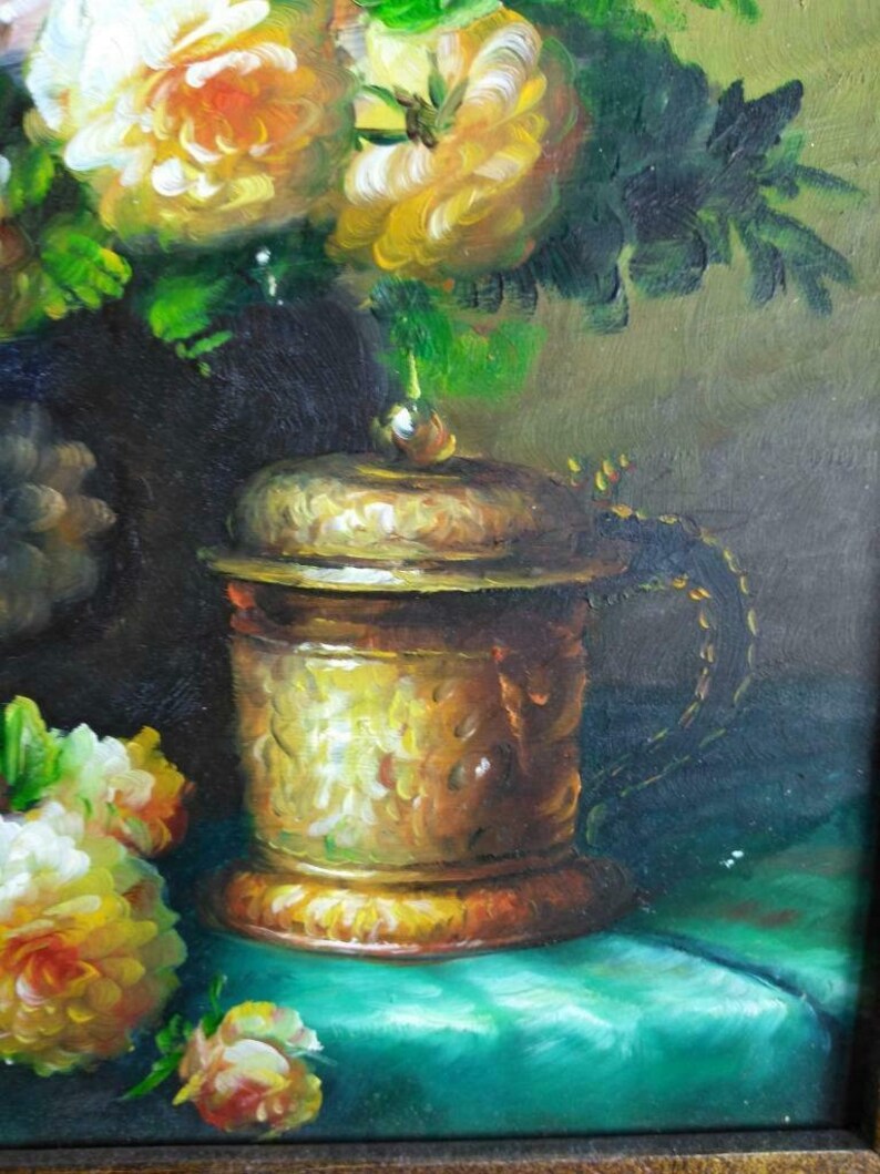 Framed Floral Still Life Beer Stein Vase Urn of Flowers Fruit Oil Painting Art