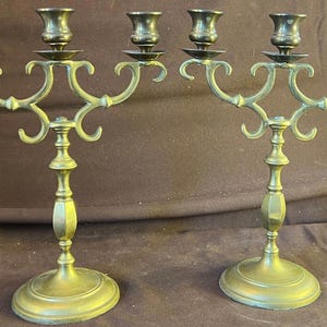 Pair of Two 2 Old Antique Cast Brass Metal 3 Arm Candlesticks Candelabras Set