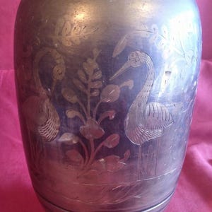 Old Vintage Engraved Brass Birds Flowers Floral Vase Asian Indian India Art
