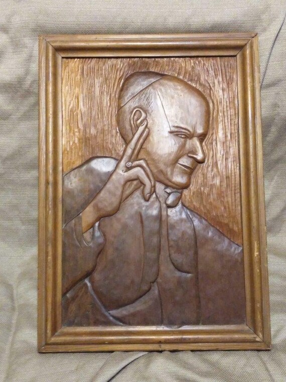 Vintage Catholic Pope John Paul II 2 Wood Carving
