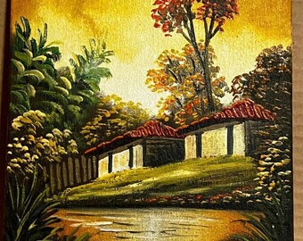 Original Oil Painting Old Vintage Landscape Haiti Haitian Art Houses Trees