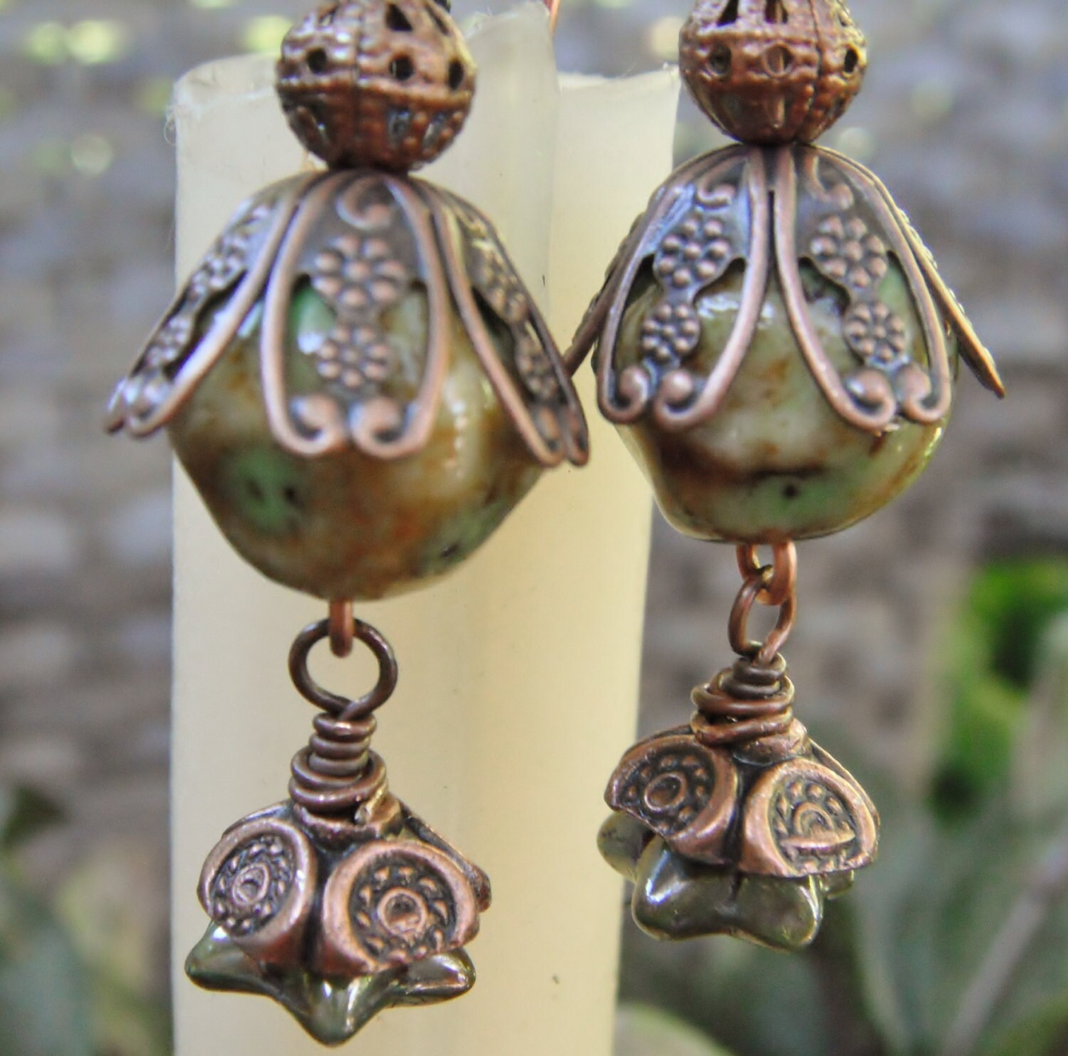 Ceramic Green Beads Ceramic Flower Bead Filigree Copper Etsy