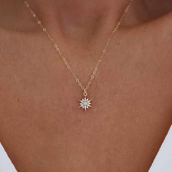 Opal North Star Necklace | Opal and Gold Necklace | Star Necklace | Gold Starburst Necklace | Tiny Opal Star Necklace | Layering Necklace