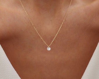 Floating Diamond Necklace | Dainty Diamond Necklace | Diamond Solitaire Necklace | Dainty Gold CZ Necklace | Minimalist Solitaire Necklace