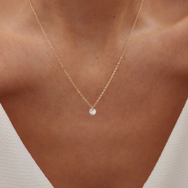 Floating Diamond Necklace | Dainty Diamond Necklace | Diamond Solitaire Necklace | Dainty Gold CZ Necklace | Minimalist Solitaire Necklace