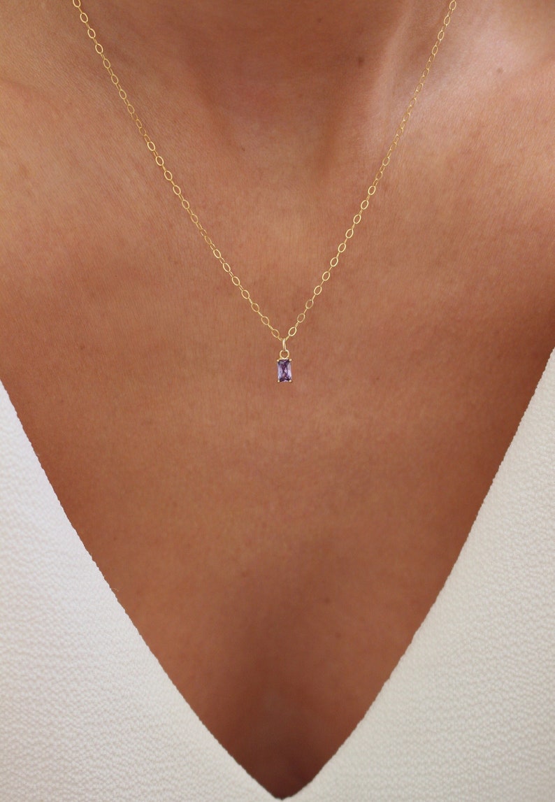 Amethyst Baguette Necklace Amethyst Gemstone Necklace Tiny Amethyst Pendant February Birthstone Necklace Dainty Purple Gem Necklace image 1
