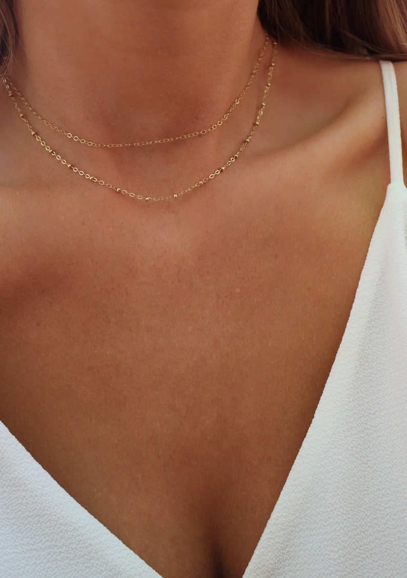 Gold Layered Necklace 14k Gold Filled Necklace Bridesmaids Gift Gold Beaded Necklace Layering Necklace Delicate Necklace Set image 1