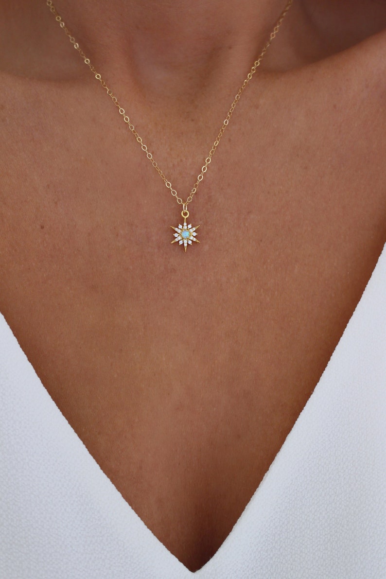 Opal North Star Necklace Opal and Gold Necklace Star Necklace Gold Starburst Necklace Tiny Opal Star Necklace Layering Necklace image 1