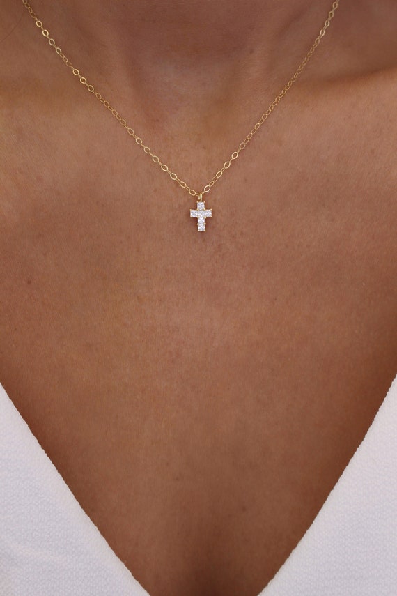 Tiny Crystal Cross Necklace Cross Necklace Religious Etsy