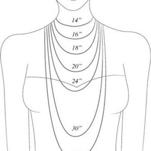 May include: A line drawing of a person's neck and shoulders with different necklace lengths marked in inches. The lengths are 14", 16", 18", 20", 24", 30", and 33".