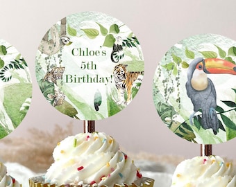 May include: Three gold cupcake liners with white frosting and colorful sprinkles. Each cupcake has a round, green, and white paper topper with a jungle animal design. One topper features a sloth, another a toucan, and the third has a tiger and the text "Chloe's 5th Birthday!"