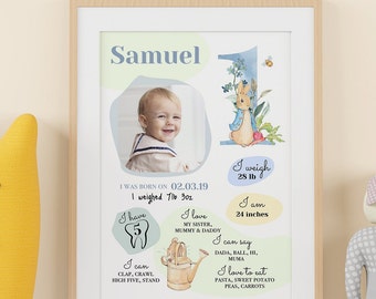 Peter Rabbit Schild zum 1.Geburtstag | Peter Rabbit Meilenstein-Zeichen Bearbeitbar | Kaninchen Meilenstein Zeichen | 1 Geburtstag Zeichen | Druckbarer Meilenstein