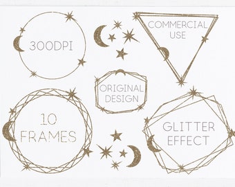 10 marcos dorados Geométricos Celestial Luna Estrella Clipart Glitter PNG Descargar para hacer tarjetas, invitaciones, silueta