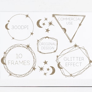 10 gouden frames geometrische hemelse maan ster clipart glitter PNG downloaden voor kaart maken, uitnodigingen, silhouet