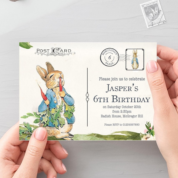 invitation vintage de Peter Rabbit | Fête de Pierre Lapin | Invitation d’anniversaire de carte postale | Invitation modifiable de Peter Rabbit