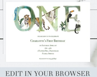 Rainforest 1st Birthday Invitation, Editable Jungle Birthday,  Jungle Theme Party, Safari Invitation, watercolour Jungle 1st Birthday