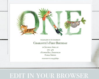 May include: A green and white jungle-themed first birthday party invitation with the word "ONE" in large letters. The letters are decorated with jungle animals and plants. The text on the invitation reads "Please join us to celebrate Charlotte's First Birthday on Saturday, April 1st at 2 pm. Flower Hill, Danielsville Floral Springs. Please RSVP to [email protected]"