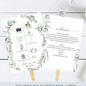 May include: Two printable wedding ceremony and reception schedule cards with a watercolor olive branch design. The cards are editable and include the text "Welcome" and "John & Kate, May 1st, 2020".