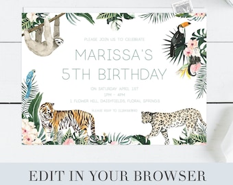 Rainforest Birthday Invitation, Editable Jungle Birthday,  Jungle Theme Party, Safari Invitation, watercolour Jungle 1st Birthday