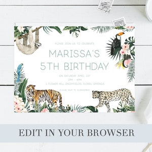 May include: A white invitation with green foliage and jungle animals. The text reads "Please join us to celebrate Marissa's 5th Birthday on Saturday, April 1st, 1pm - 4pm, 1 Flower Hill, Dadfields Floral Springs".